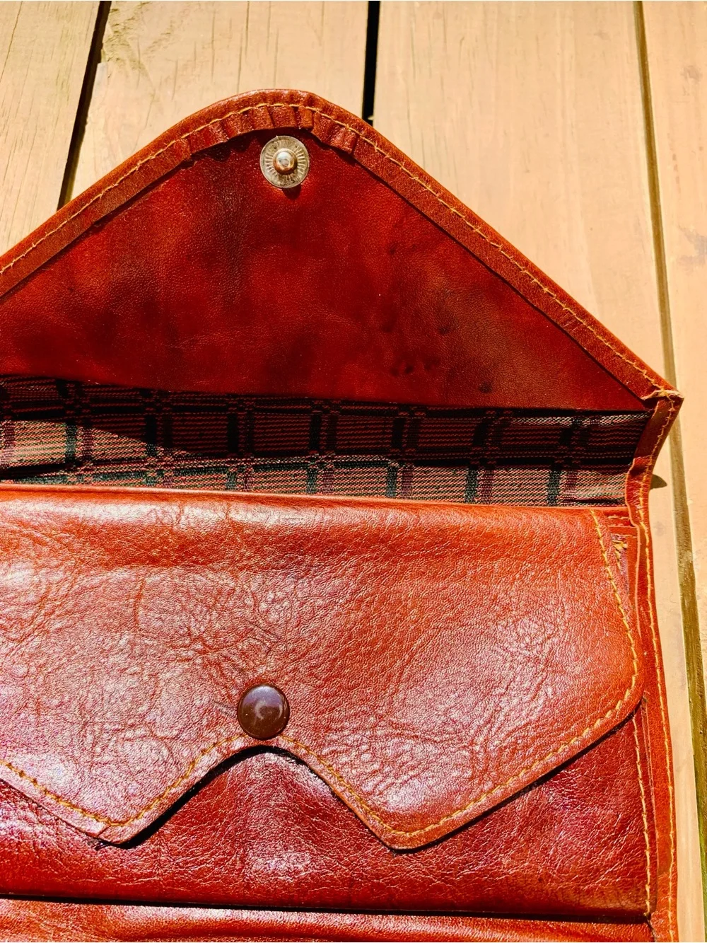 Handwoven Envelope Clutch with Brown Leather Trim in Brown and Red